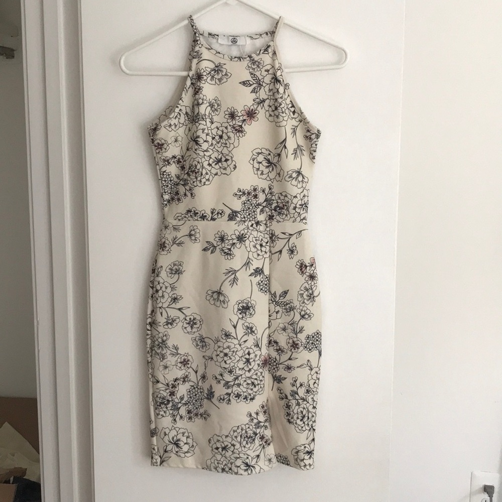 Cream crepe floral 90s halter bodycon dress